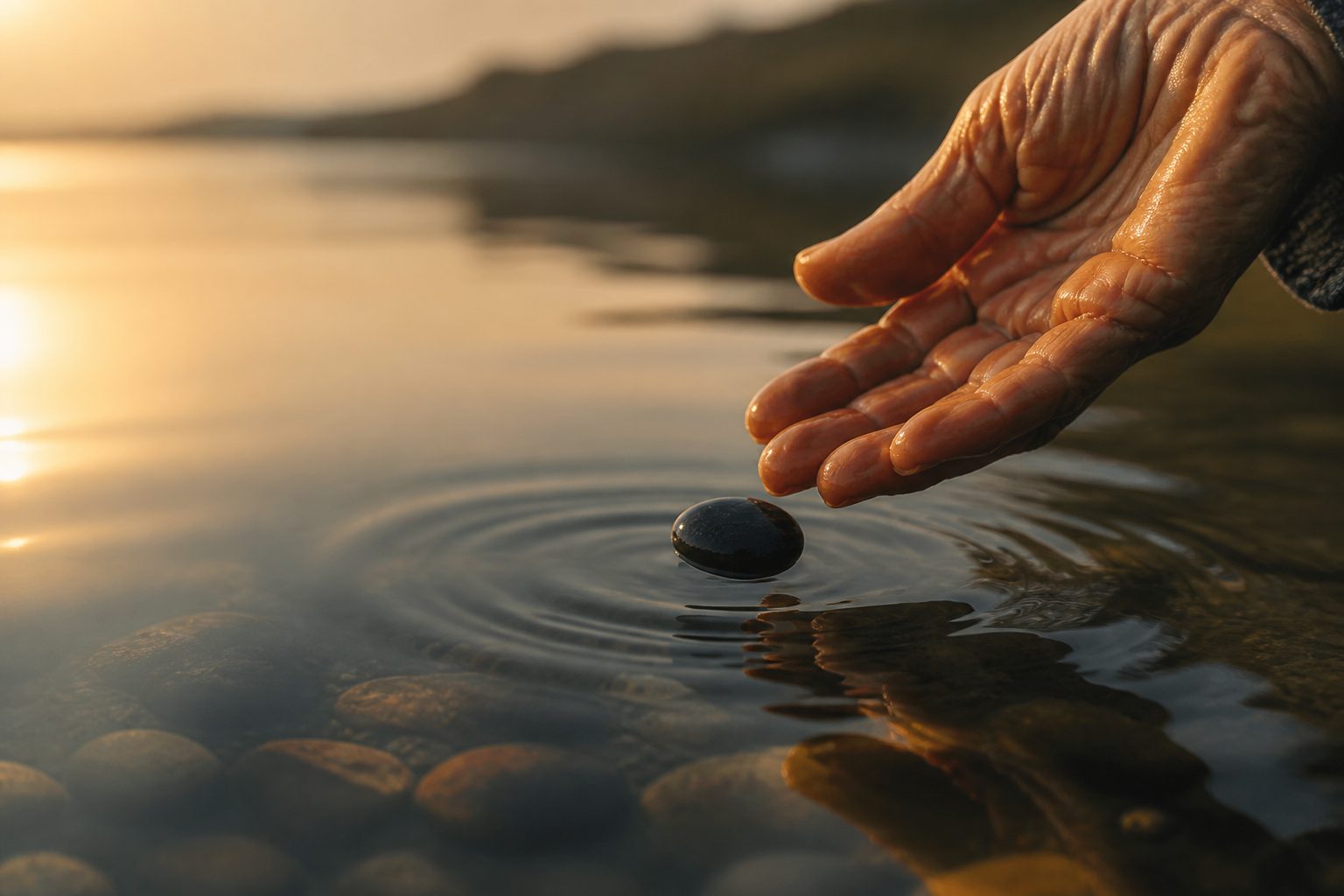Manos soltando una piedra oscura en el agua