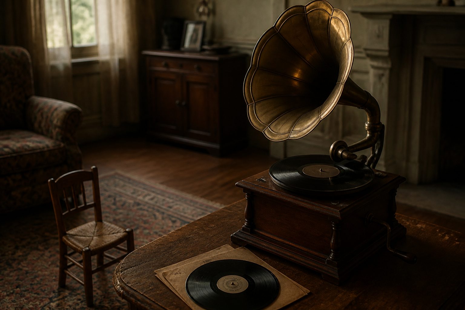 Tocadiscos antiguo y una silla de niño vacía