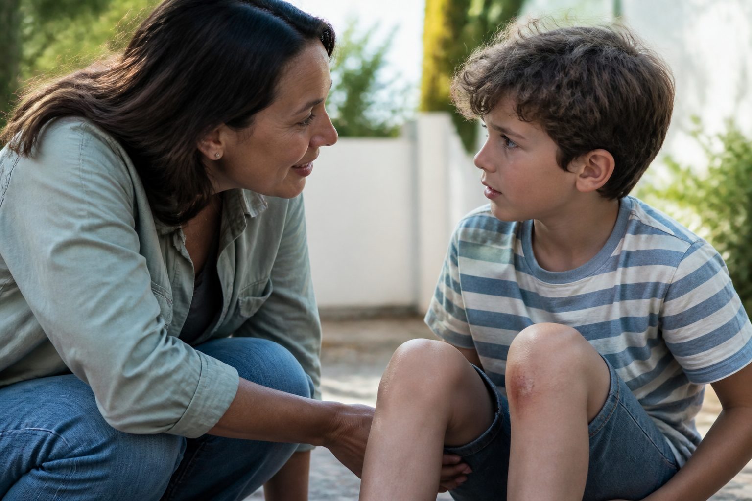 Un adulto habla con ternura a un niño que se lastimó